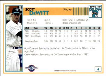1998 Blueline Q-Cards Portland Sea Dogs #4 Scott DeWitt Back
