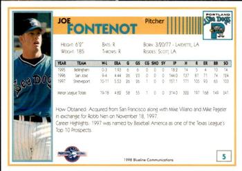 1998 Blueline Q-Cards Portland Sea Dogs #5 Joe Fontenot Back