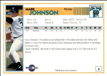 1998 Blueline Q-Cards Portland Sea Dogs #6 Mark Johnson Back