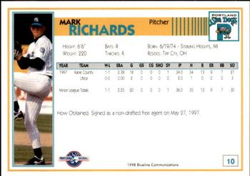 1998 Blueline Q-Cards Portland Sea Dogs #10 Mark Richards Back
