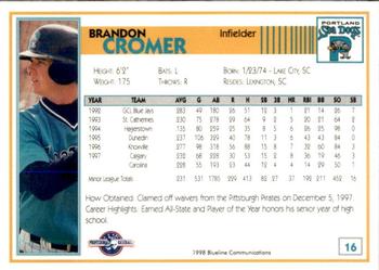 1998 Blueline Q-Cards Portland Sea Dogs #16 Brandon Cromer Back