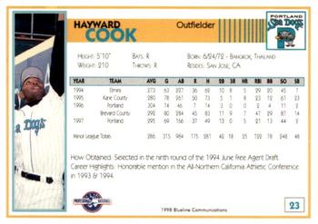 1998 Blueline Q-Cards Portland Sea Dogs #23 Hayward Cook Back