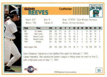 1998 Blueline Q-Cards Portland Sea Dogs #25 Glenn Reeves Back