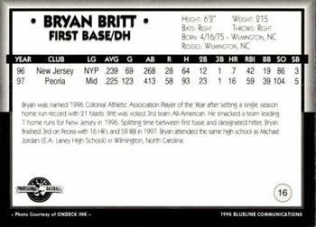 1998 Blueline Q-Cards Prince William Cannons #16 Bryan Britt Back