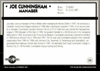 1998 Blueline Q-Cards Prince William Cannons #28 Joe Cunningham III Back