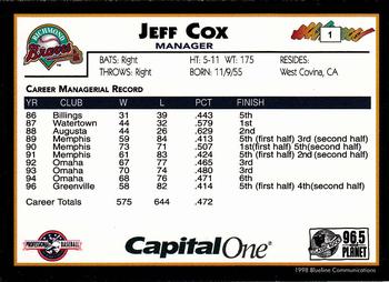 1998 Blueline Q-Cards Richmond Braves #1 Jeff Cox Back