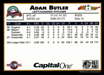 1998 Blueline Q-Cards Richmond Braves #6 Adam Butler Back