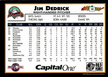 1998 Blueline Q-Cards Richmond Braves #10 Jim Dedrick Back