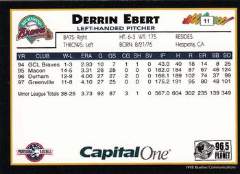 1998 Blueline Q-Cards Richmond Braves #11 Derrin Ebert Back