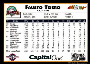 1998 Blueline Q-Cards Richmond Braves #25 Fausto Tejero Back