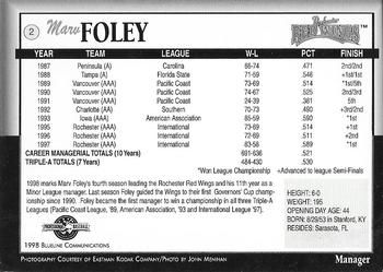 1998 Blueline Q-Cards Rochester Red Wings #2 Marv Foley Back