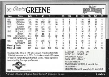 1998 Blueline Q-Cards Rochester Red Wings #14 Charlie Greene Back