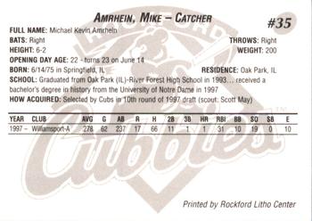 1998 Rockford Cubbies #NNO Mike Amrhein Back
