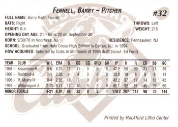 1998 Rockford Cubbies #NNO Barry Fennell Back