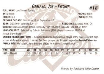 1998 Rockford Cubbies #NNO Jon Garland Back