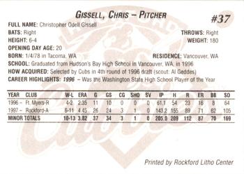 1998 Rockford Cubbies #NNO Chris Gissell Back