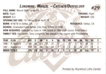 1998 Rockford Cubbies #NNO Marcel Longmire Back
