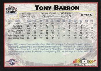 1998 Blueline Q-Cards Scranton/Wilkes-Barre Red Barons #3 Tony Barron Back