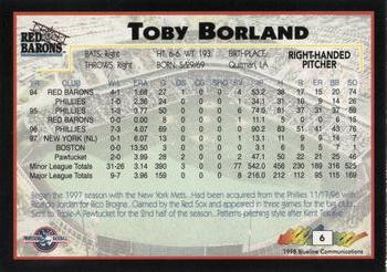 1998 Blueline Q-Cards Scranton/Wilkes-Barre Red Barons #6 Toby Borland Back
