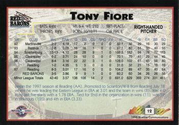 1998 Blueline Q-Cards Scranton/Wilkes-Barre Red Barons #12 Tony Fiore Back
