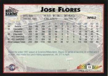 1998 Blueline Q-Cards Scranton/Wilkes-Barre Red Barons #13 Jose Flores Back