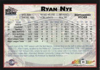 1998 Blueline Q-Cards Scranton/Wilkes-Barre Red Barons #22 Ryan Nye Back