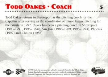 1998 Multi-Ad Shreveport Captains #5 Todd Oakes Back