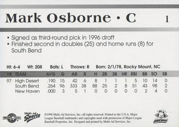 1998 Multi-Ad South Bend Silver Hawks #1 Mark Osborne Back