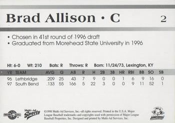 1998 Multi-Ad South Bend Silver Hawks #2 Brad Allison Back