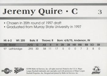 1998 Multi-Ad South Bend Silver Hawks #3 Jeremy Quire Back