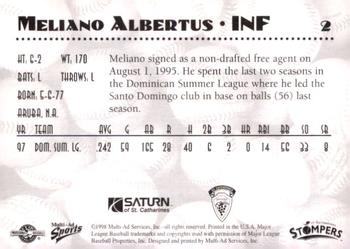 1998 Multi-Ad St. Catharines Stompers #2 Meliano Albertus Back
