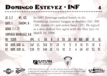 1998 Multi-Ad St. Catharines Stompers #4 Domingo Estevez Back