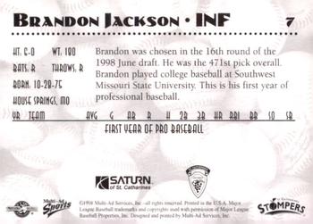 1998 Multi-Ad St. Catharines Stompers #7 Brandon Jackson Back