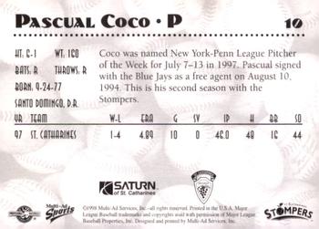 1998 Multi-Ad St. Catharines Stompers #10 Pasqual Coco Back