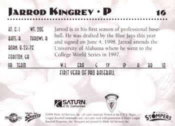 1998 Multi-Ad St. Catharines Stompers #16 Jarrod Kingrey Back