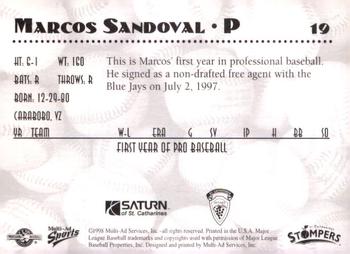 1998 Multi-Ad St. Catharines Stompers #19 Marcos Sandoval Back