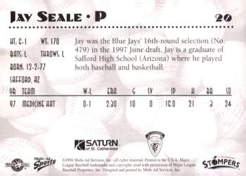 1998 Multi-Ad St. Catharines Stompers #20 Jay Seale Back