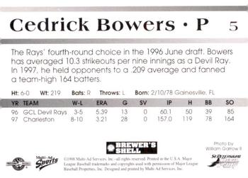1998 Multi-Ad St. Petersburg Devil Rays #5 Cedrick Bowers Back