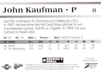 1998 Multi-Ad St. Petersburg Devil Rays #8 John Kaufman Back