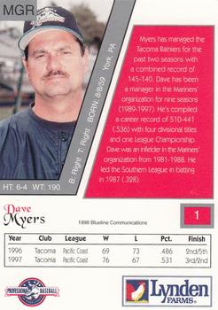 1998 Blueline Q-Cards Tacoma Rainiers #1 Dave Myers Back