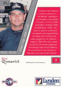 1998 Blueline Q-Cards Tacoma Rainiers #3 Ron Romanick Back