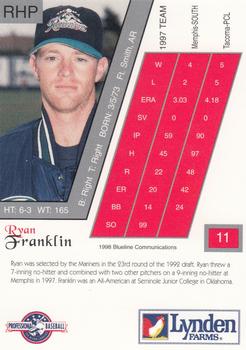 1998 Blueline Q-Cards Tacoma Rainiers #11 Ryan Franklin Back