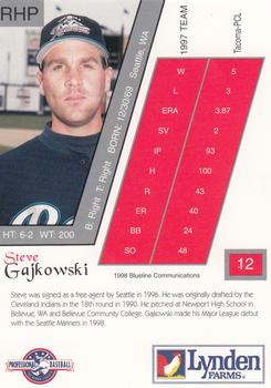 1998 Blueline Q-Cards Tacoma Rainiers #12 Steve Gajkowski Back