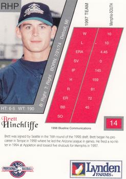 1998 Blueline Q-Cards Tacoma Rainiers #14 Brett Hinchliffe Back
