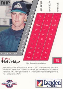 1998 Blueline Q-Cards Tacoma Rainiers #15 David Holdridge Back