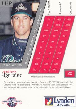 1998 Blueline Q-Cards Tacoma Rainiers #20 Andrew Lorraine Back