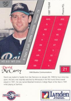 1998 Blueline Q-Cards Tacoma Rainiers #21 David McCarty Back