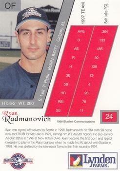 1998 Blueline Q-Cards Tacoma Rainiers #24 Ryan Radmanovich Back
