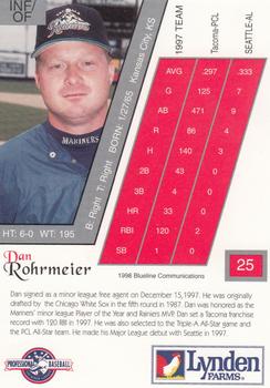 1998 Blueline Q-Cards Tacoma Rainiers #25 Dan Rohrmeier Back