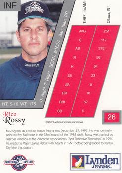 1998 Blueline Q-Cards Tacoma Rainiers #26 Rico Rossy Back